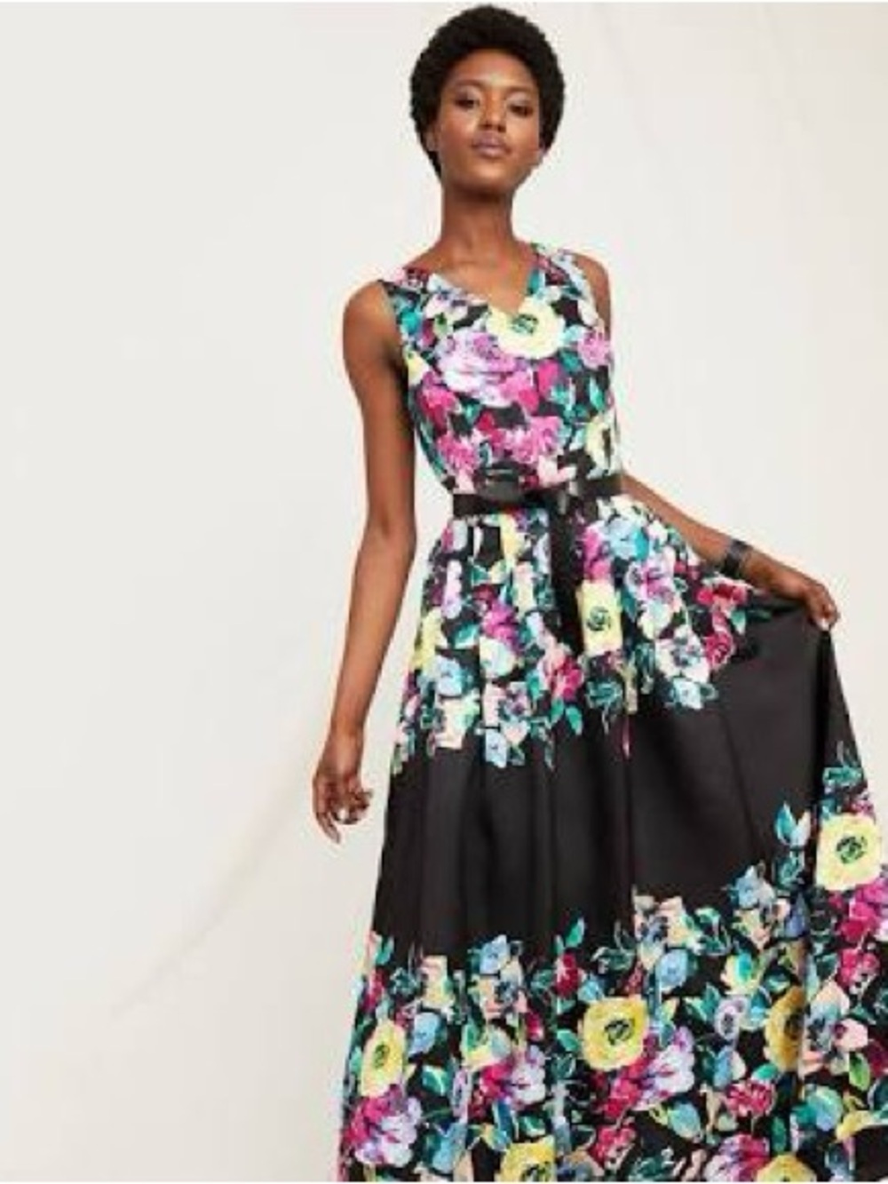 TAHARI Black Sleeveless Floral Formal Gown Dress 12 Maxi Garden Party Wedding